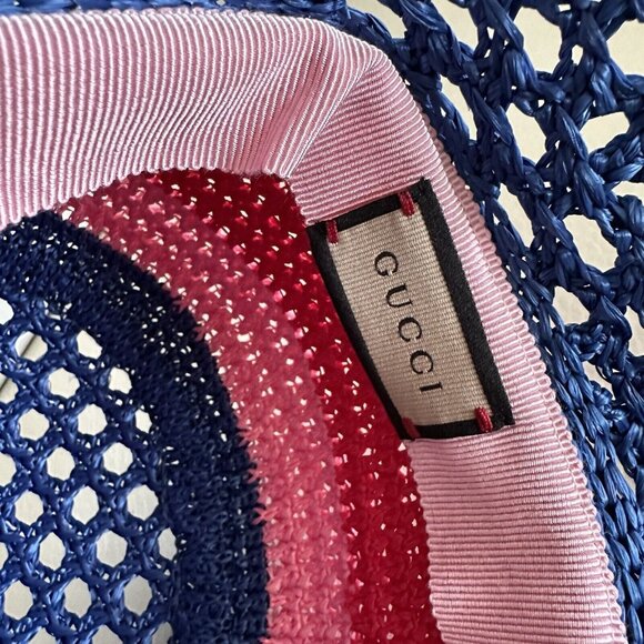 NWT GUCCI  Gg-Logo Striped Faux-Raffia Hat $750 SZ M Bucket Pink Blue Red - Picture 8 of 9